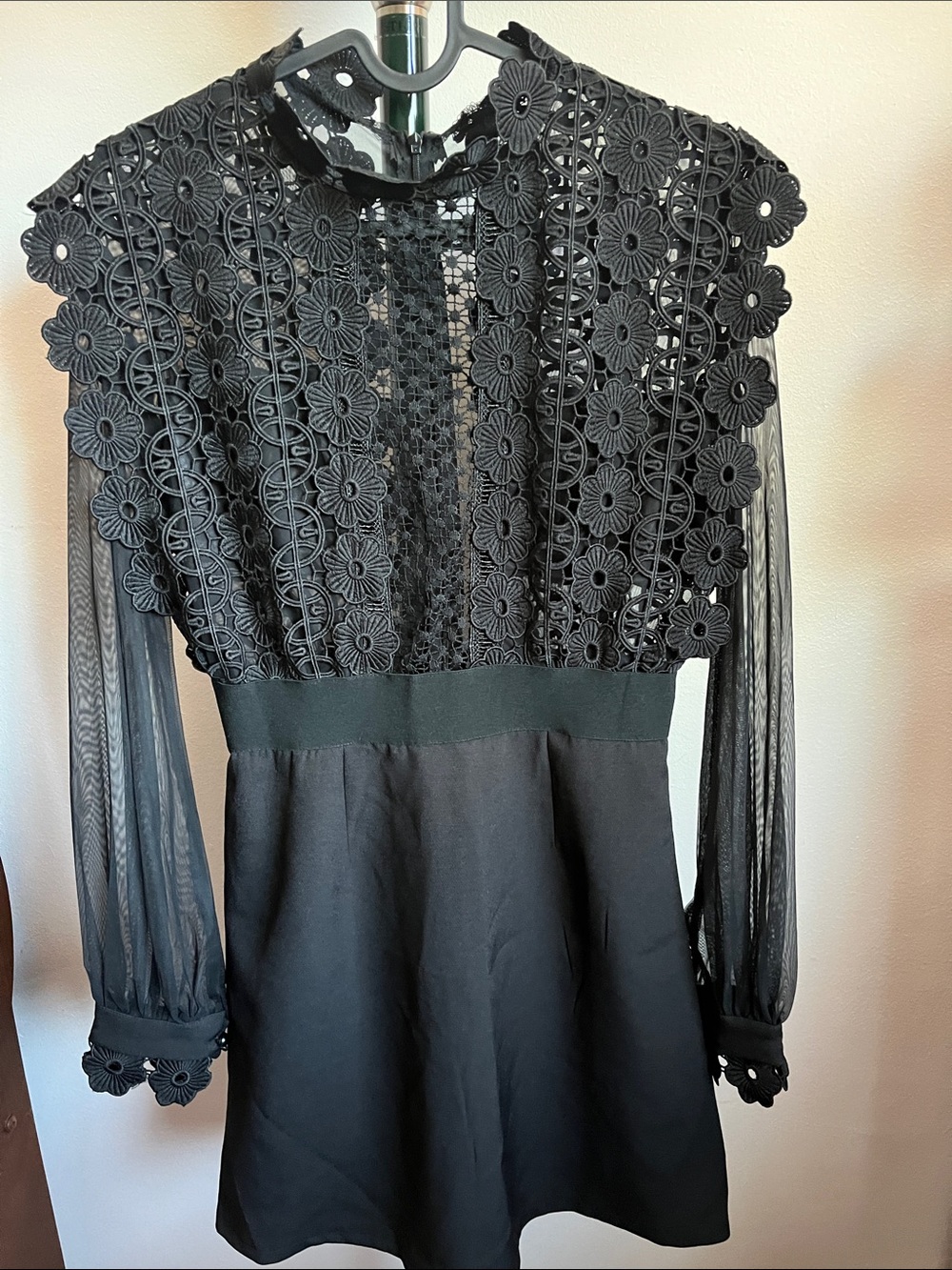 Black Floral Lace Yoke Long-Sleeve Dress